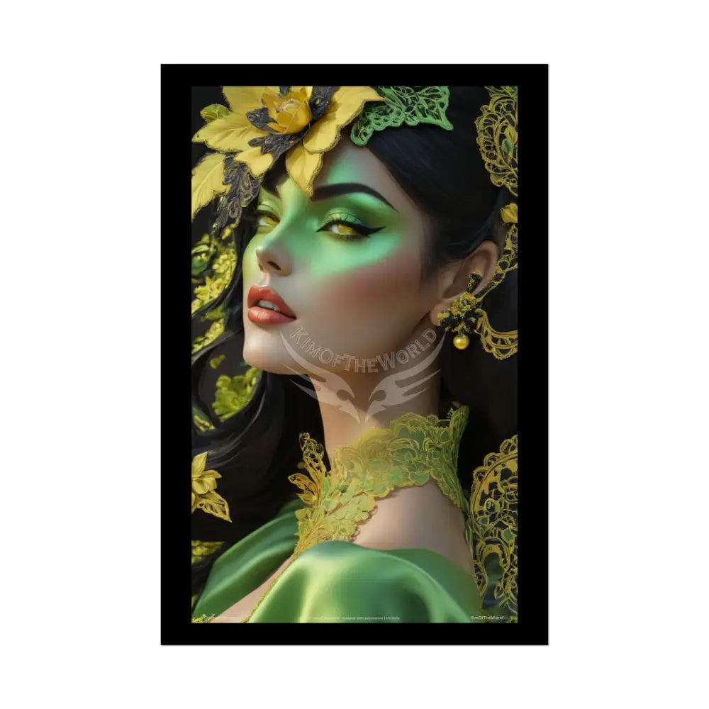 Steampunk 3D Green and Gold Foil Leaf Woman Lady Poster — Nature-Inspired Rolled Framable Print green and gold motif