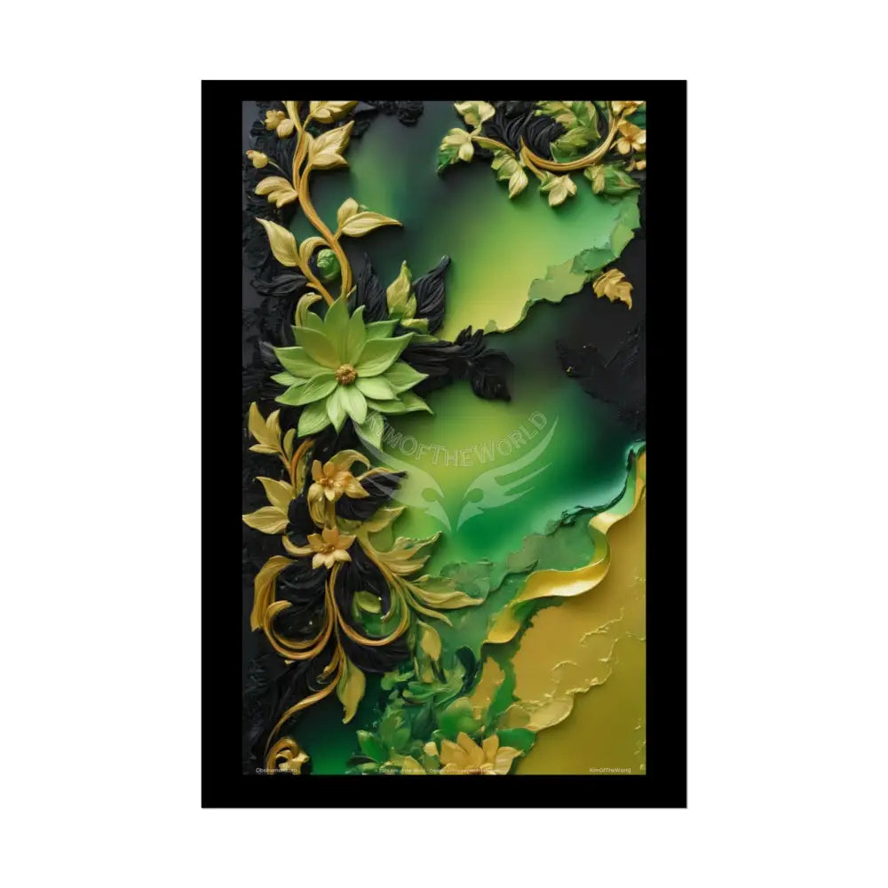 Steampunk 3D Green and Gold Foil Leaf Woman Lady Poster — Nature-Inspired Rolled Framable Print green and gold motif