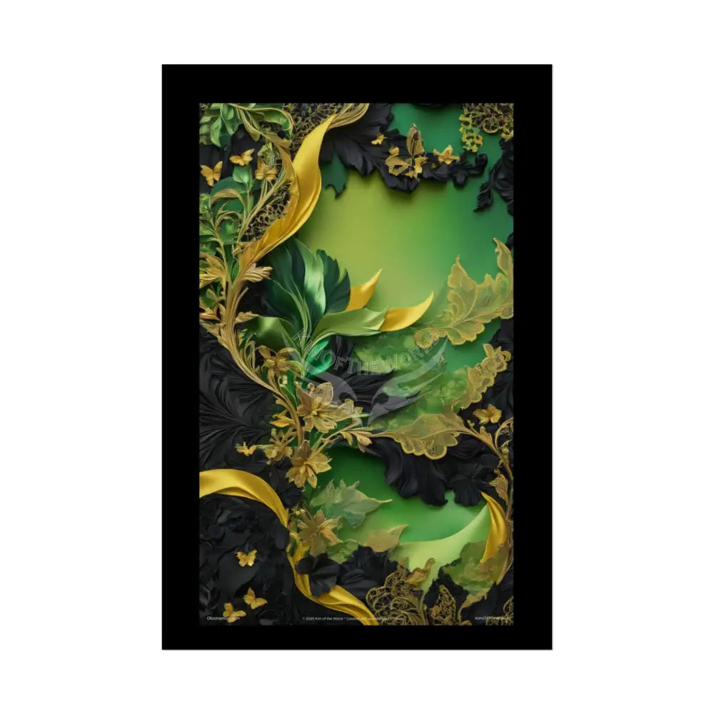 Steampunk 3D Green and Gold Foil Leaf Woman Lady Poster — Nature-Inspired Rolled Framable Print green and gold motif