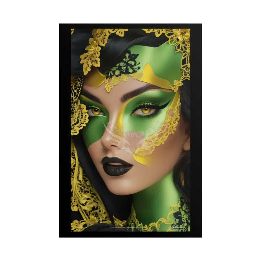 Steampunk 3D Green and Gold Foil Leaf Woman Lady Poster — Nature-Inspired Rolled Framable Print green and gold motif