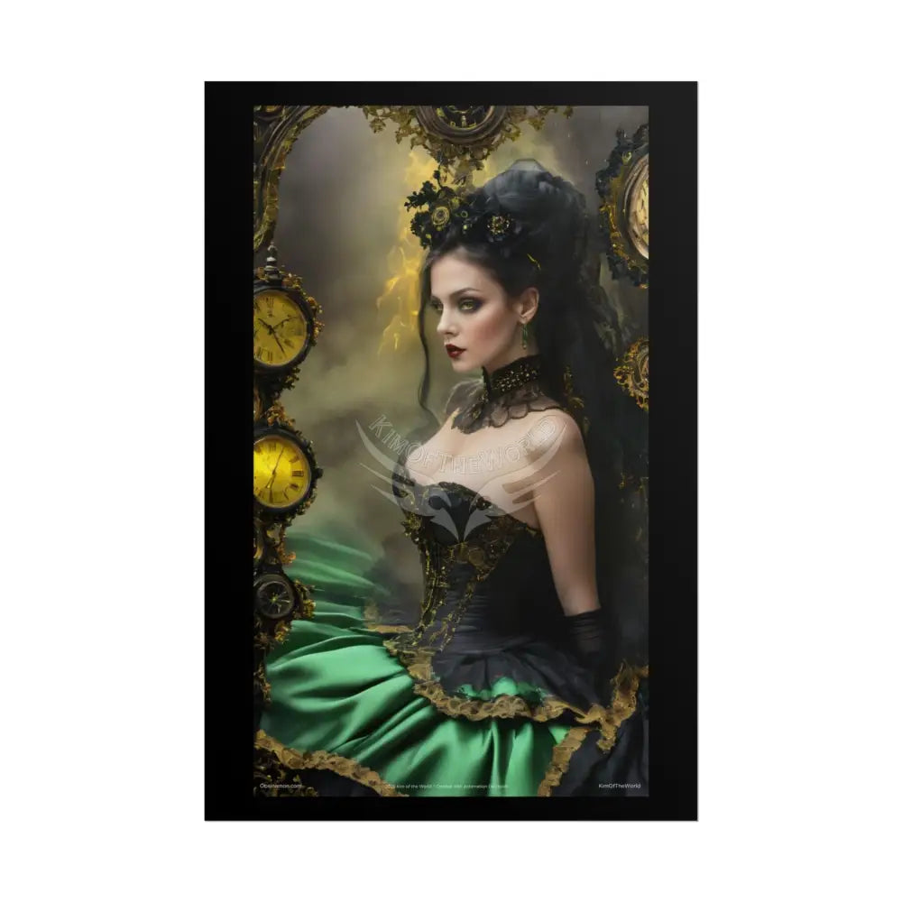 Steampunk 3D Green and Gold Foil Leaf Woman Lady Poster — Nature-Inspired Rolled Framable Print green and gold motif
