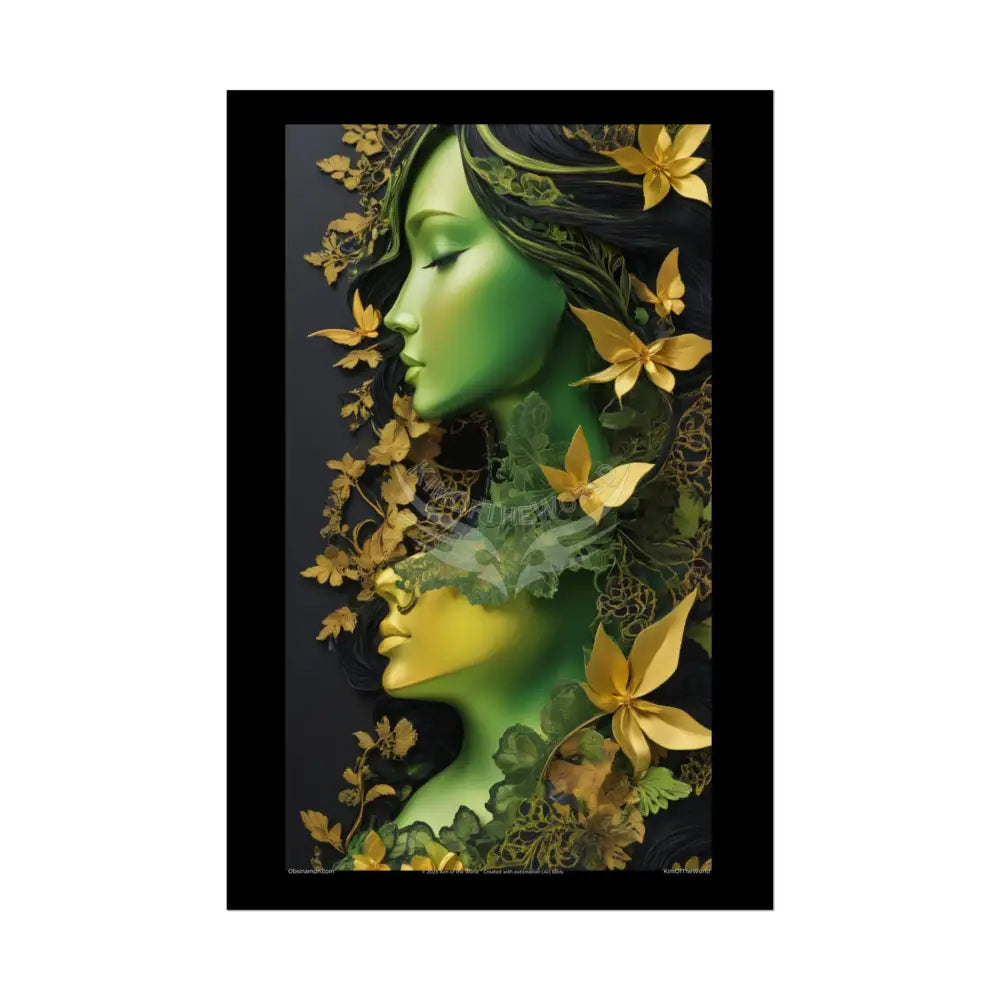 Steampunk 3D Green and Gold Foil Leaf Woman Lady Poster — Nature-Inspired Rolled Framable Print green and gold motif
