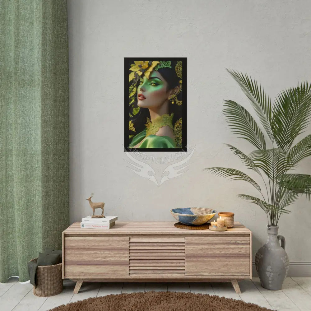 Steampunk 3D Green and Gold Foil Leaf Woman Lady Poster — Nature-Inspired Rolled Framable Print green and gold motif