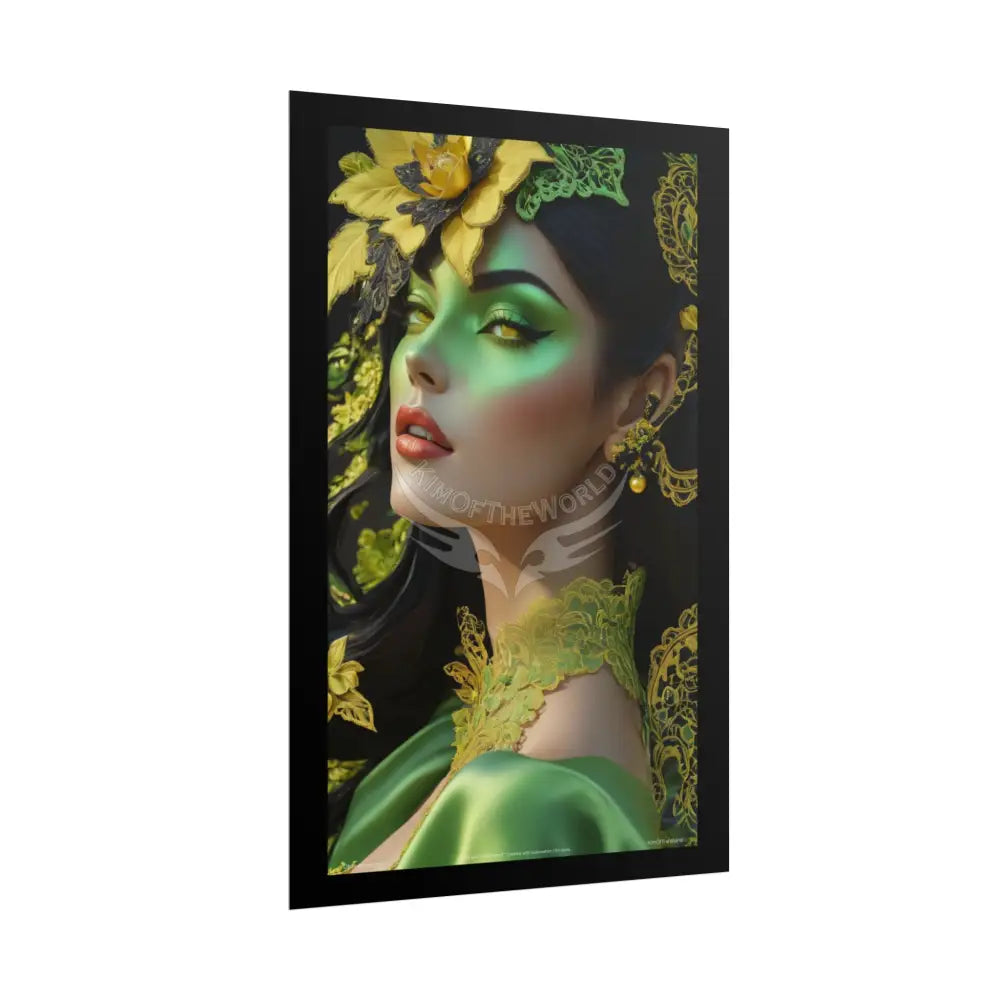 Steampunk 3D Green and Gold Foil Leaf Woman Lady Poster — Nature-Inspired Rolled Framable Print green and gold motif