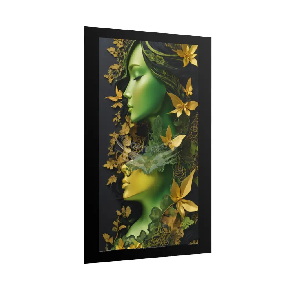 Steampunk 3D Green and Gold Foil Leaf Woman Lady Poster — Nature-Inspired Rolled Framable Print green and gold motif