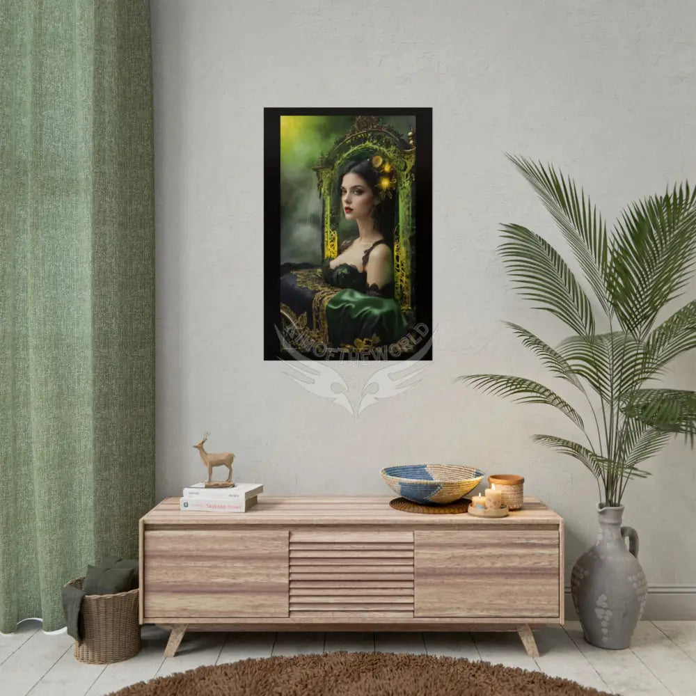 Steampunk 3D Green and Gold Foil Leaf Woman Lady Poster — Nature-Inspired Rolled Framable Print green and gold motif
