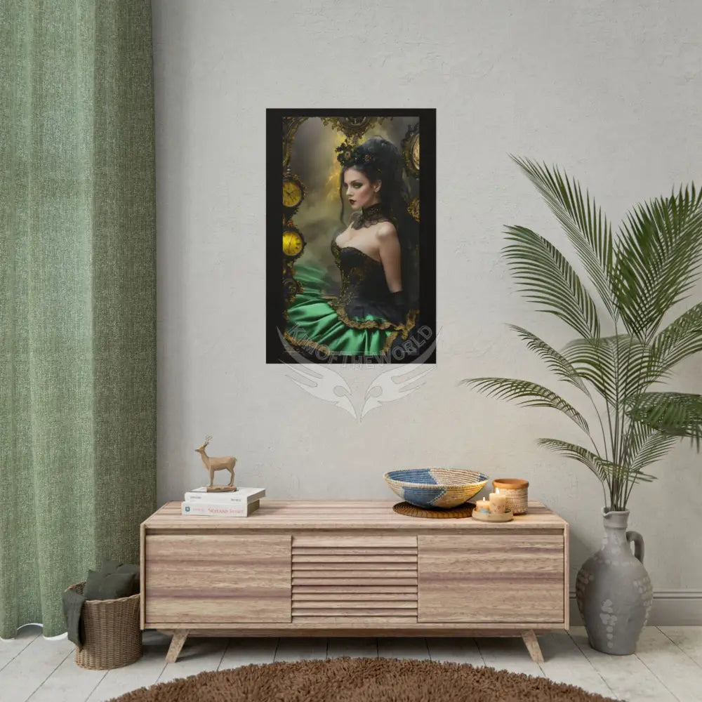 Steampunk 3D Green and Gold Foil Leaf Woman Lady Poster — Nature-Inspired Rolled Framable Print green and gold motif