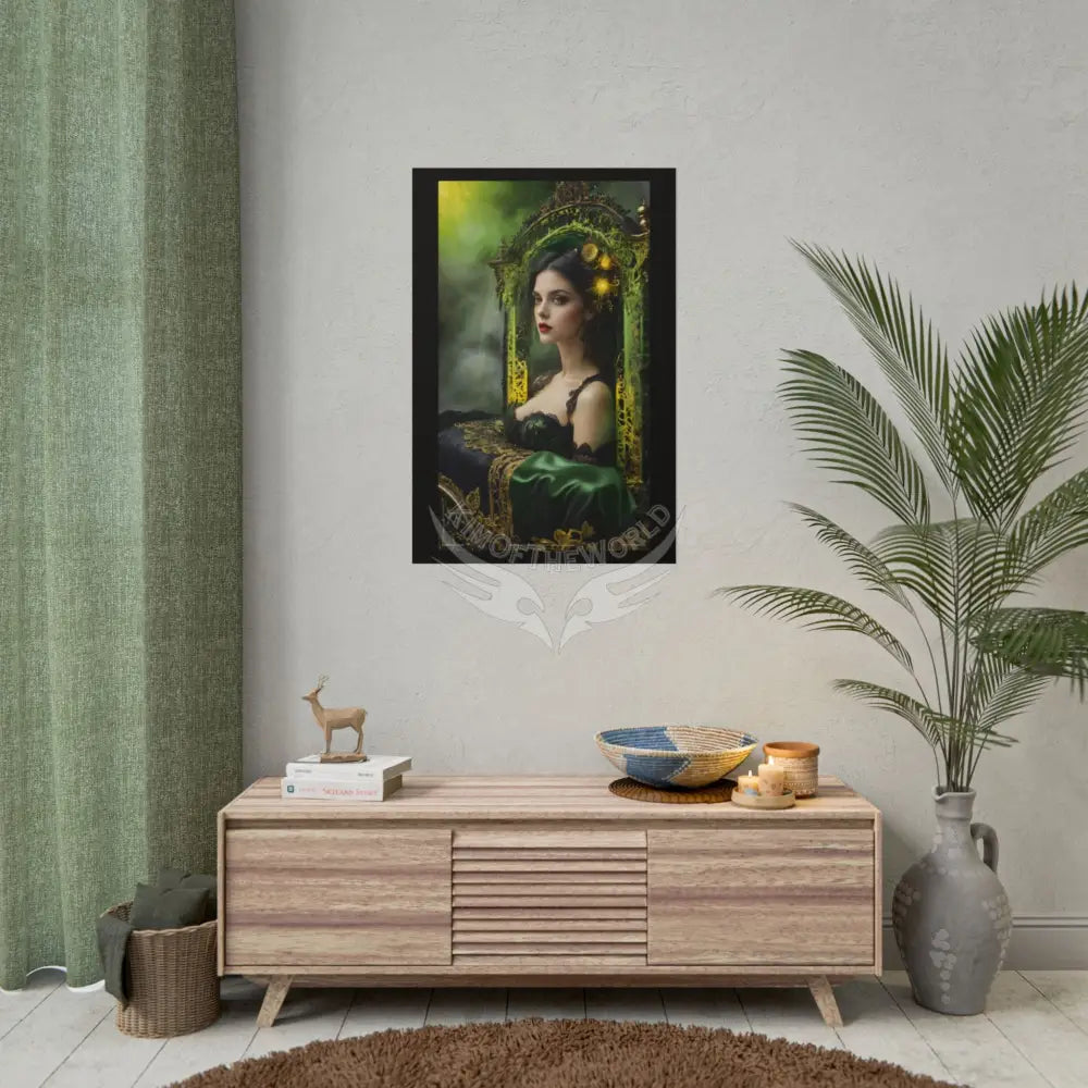 Steampunk 3D Green and Gold Foil Leaf Woman Lady Poster — Nature-Inspired Rolled Framable Print green and gold motif