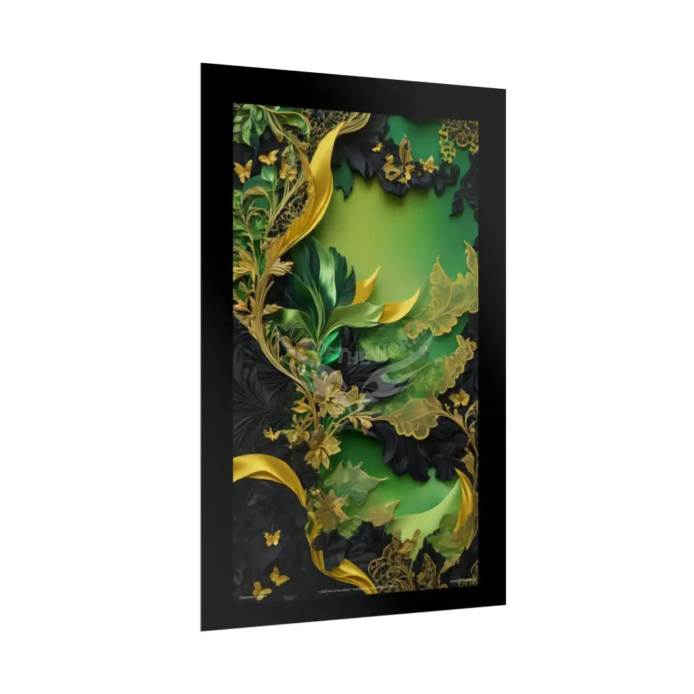 Steampunk 3D Green and Gold Foil Leaf Woman Lady Poster — Nature-Inspired Rolled Framable Print green and gold motif