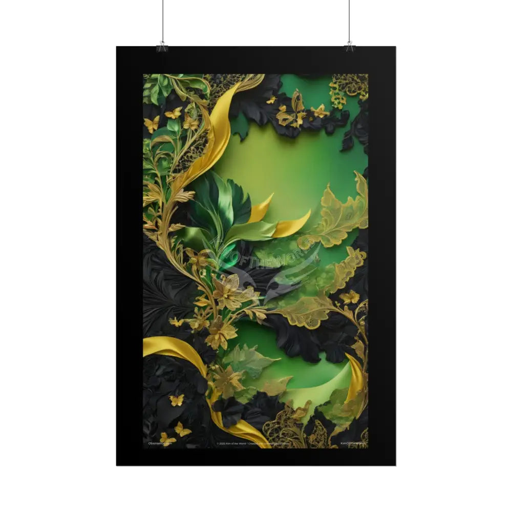 Steampunk 3D Green and Gold Foil Leaf Woman Lady Poster — Nature-Inspired Rolled Framable Print green and gold motif