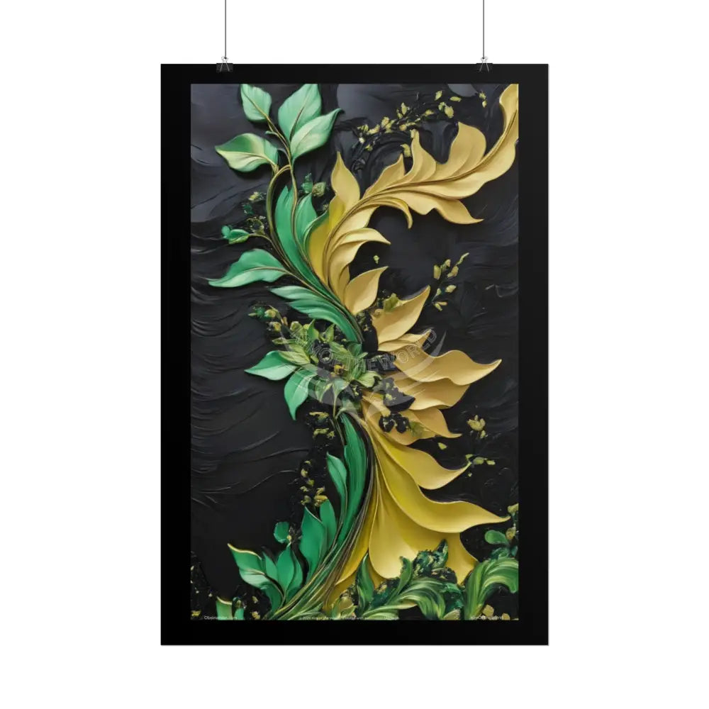 Steampunk 3D Green and Gold Foil Leaf Woman Lady Poster — Nature-Inspired Rolled Framable Print green and gold motif