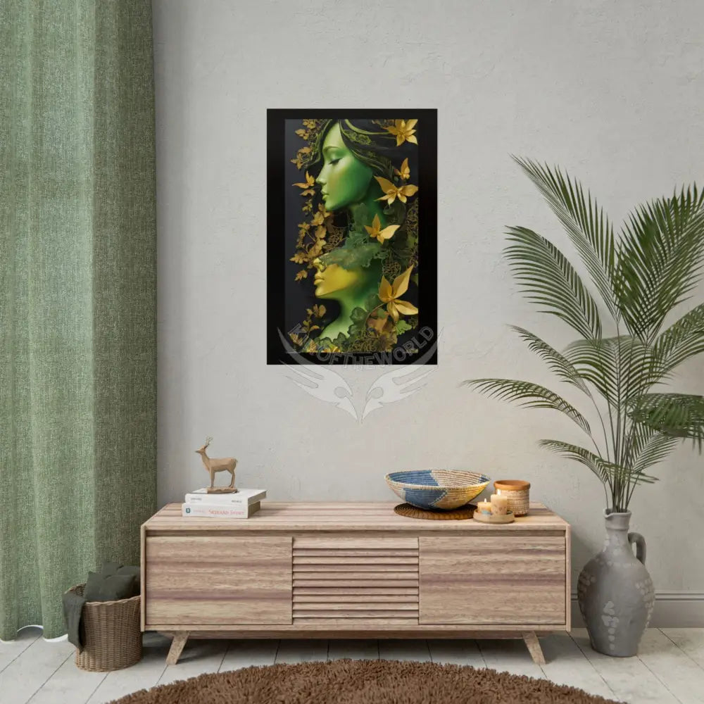 Steampunk 3D Green and Gold Foil Leaf Woman Lady Poster — Nature-Inspired Rolled Framable Print green and gold motif