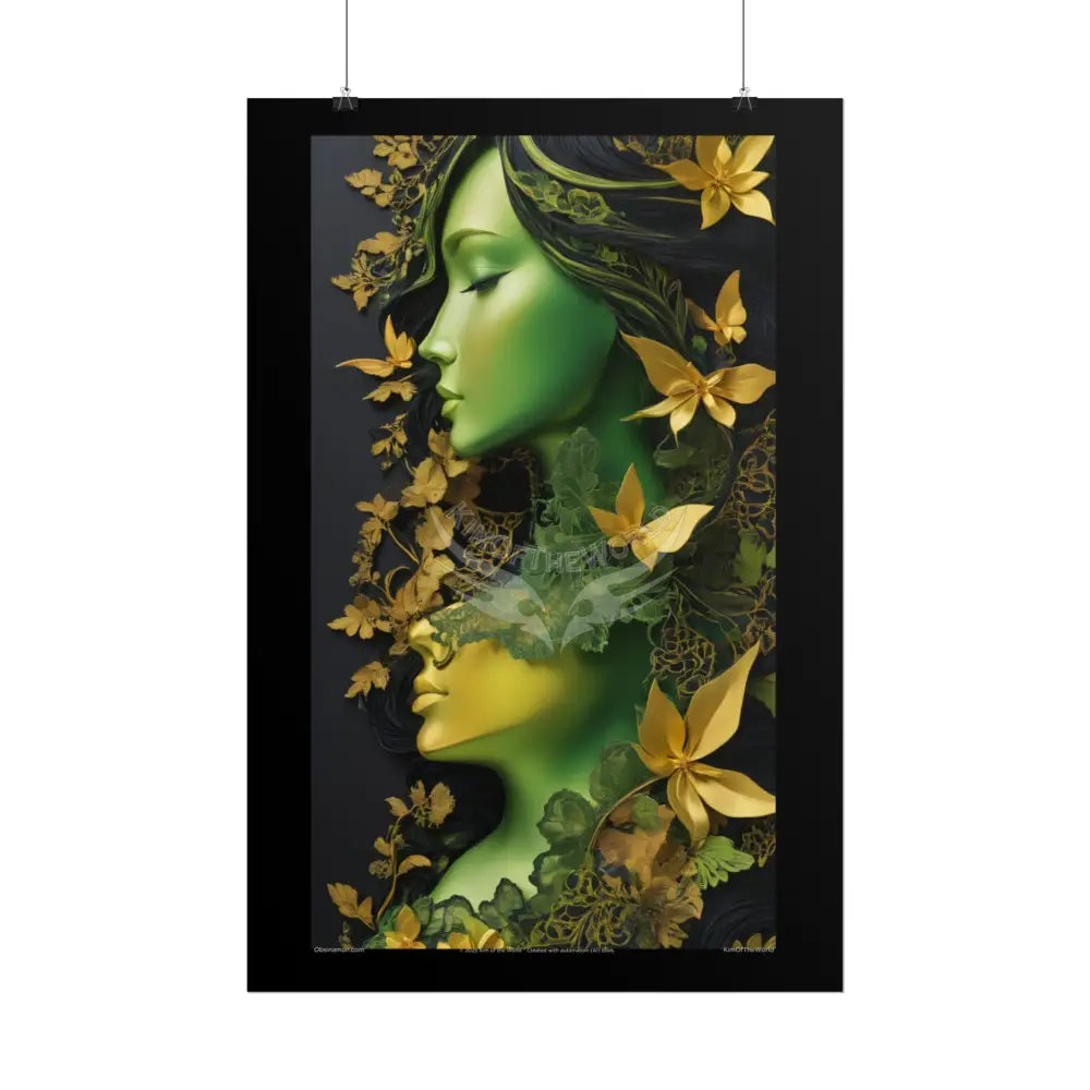 Steampunk 3D Green and Gold Foil Leaf Woman Lady Poster — Nature-Inspired Rolled Framable Print green and gold motif