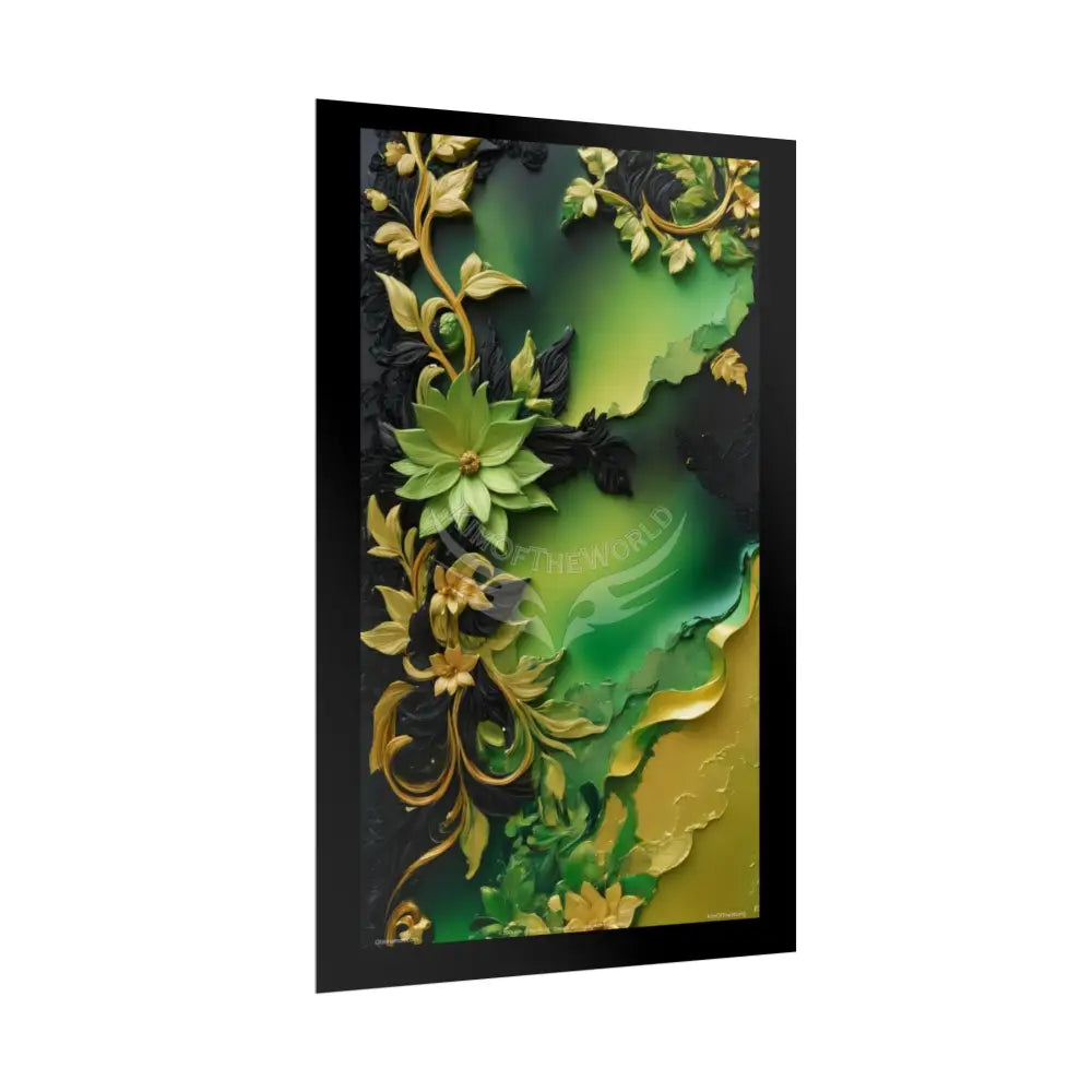 Steampunk 3D Green and Gold Foil Leaf Woman Lady Poster — Nature-Inspired Rolled Framable Print green and gold motif