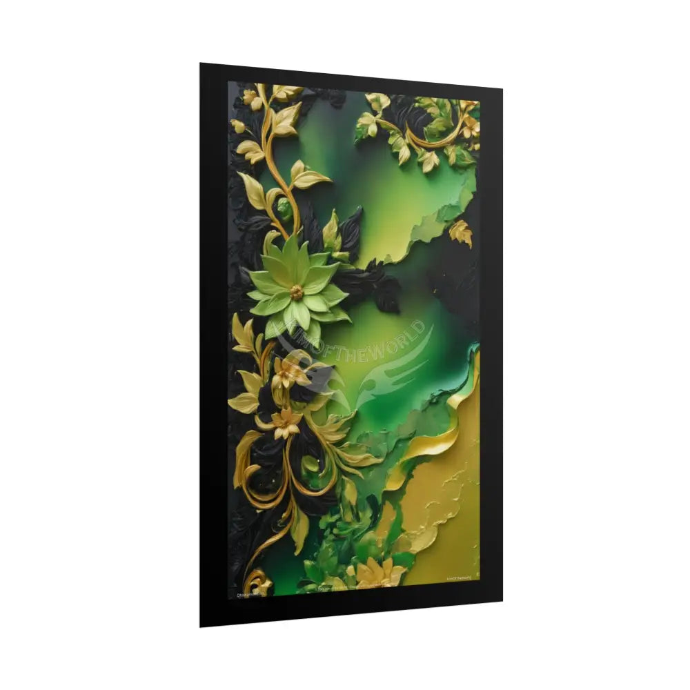Steampunk 3D Green and Gold Foil Leaf Woman Lady Poster — Nature-Inspired Rolled Framable Print green and gold motif