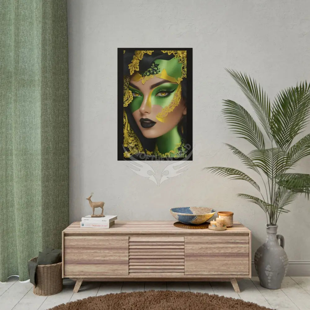 Steampunk 3D Green and Gold Foil Leaf Woman Lady Poster — Nature-Inspired Rolled Framable Print green and gold motif