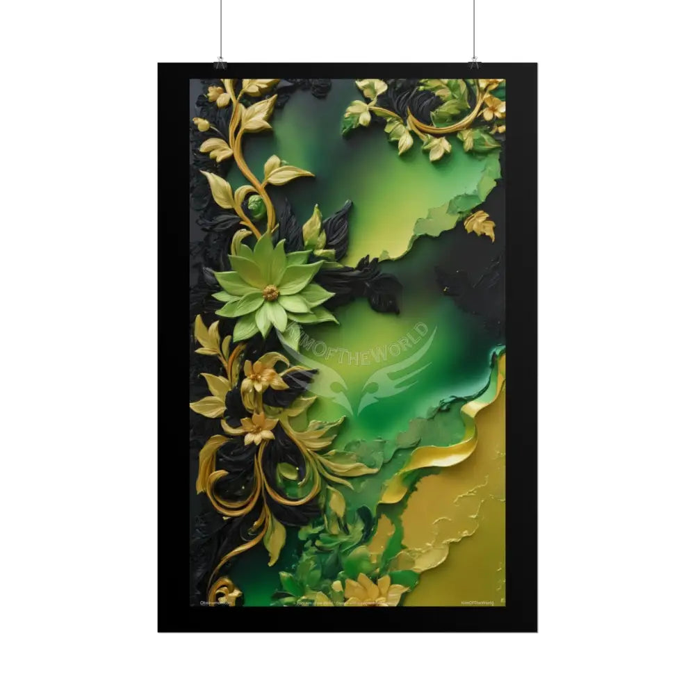 Steampunk 3D Green and Gold Foil Leaf Woman Lady Poster — Nature-Inspired Rolled Framable Print green and gold motif