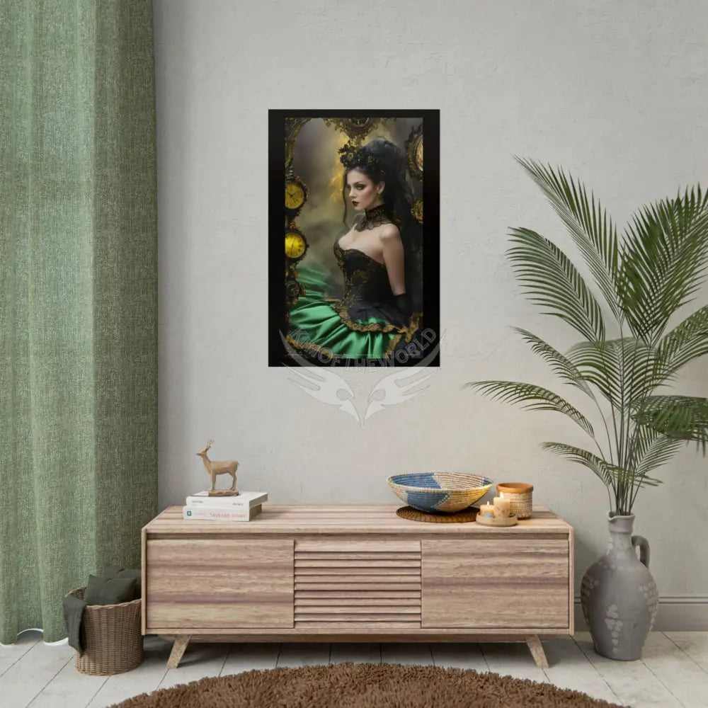 Steampunk 3D Green and Gold Foil Leaf Woman Lady Poster — Nature-Inspired Rolled Framable Print green and gold motif