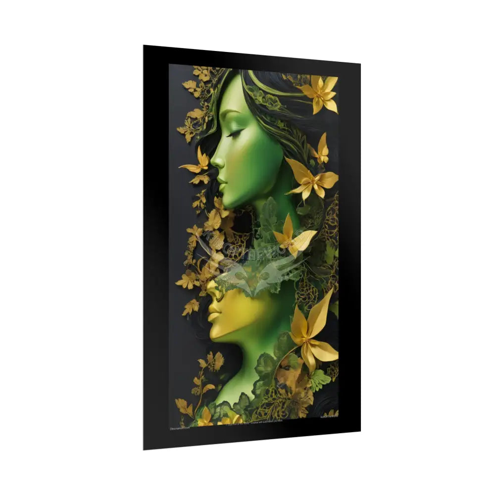 Steampunk 3D Green and Gold Foil Leaf Woman Lady Poster — Nature-Inspired Rolled Framable Print green and gold motif