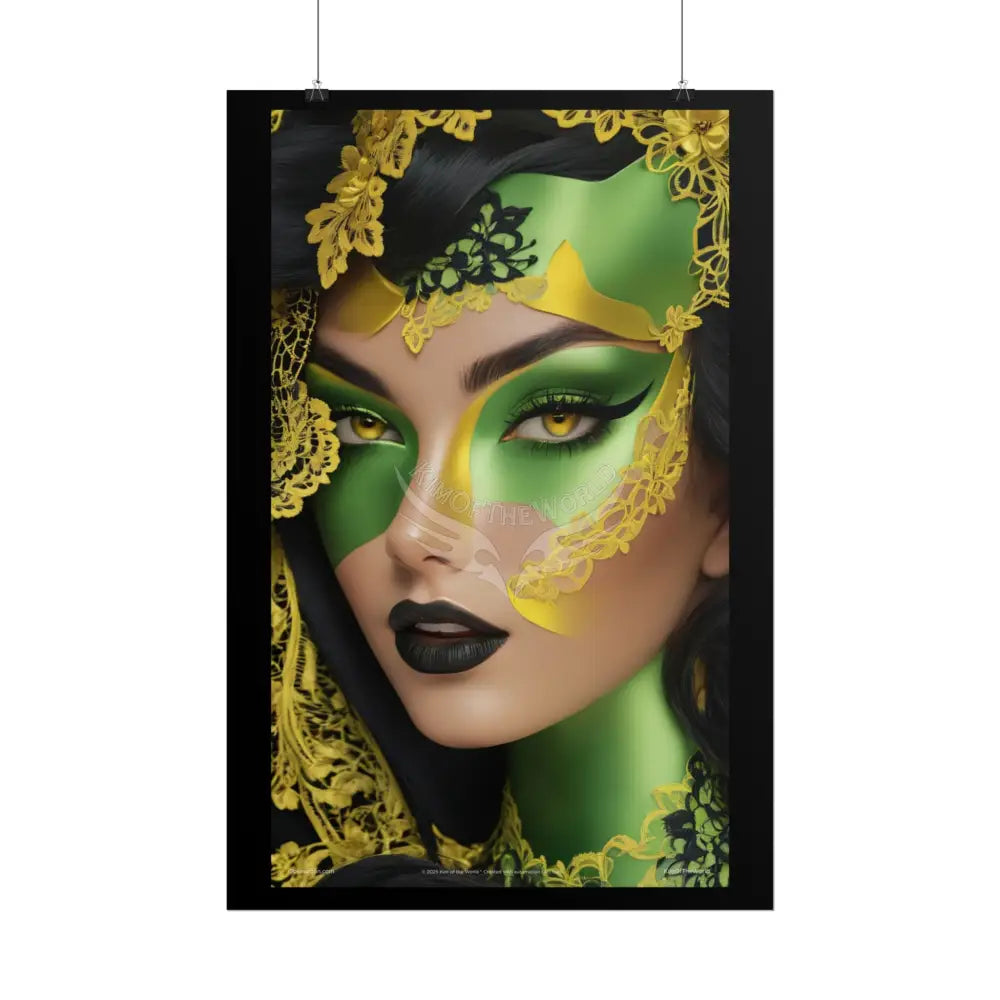 Steampunk 3D Green and Gold Foil Leaf Woman Lady Poster — Nature-Inspired Rolled Framable Print green and gold motif