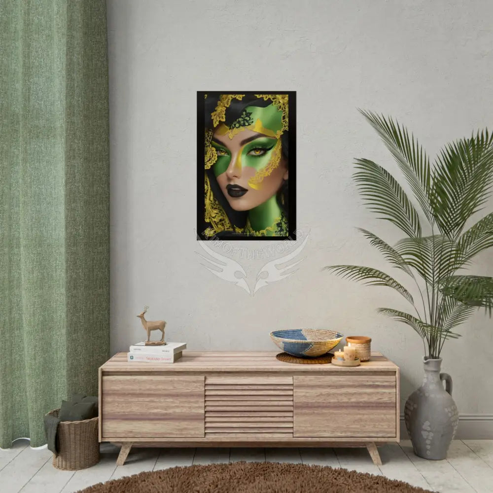 Steampunk 3D Green and Gold Foil Leaf Woman Lady Poster — Nature-Inspired Rolled Framable Print green and gold motif