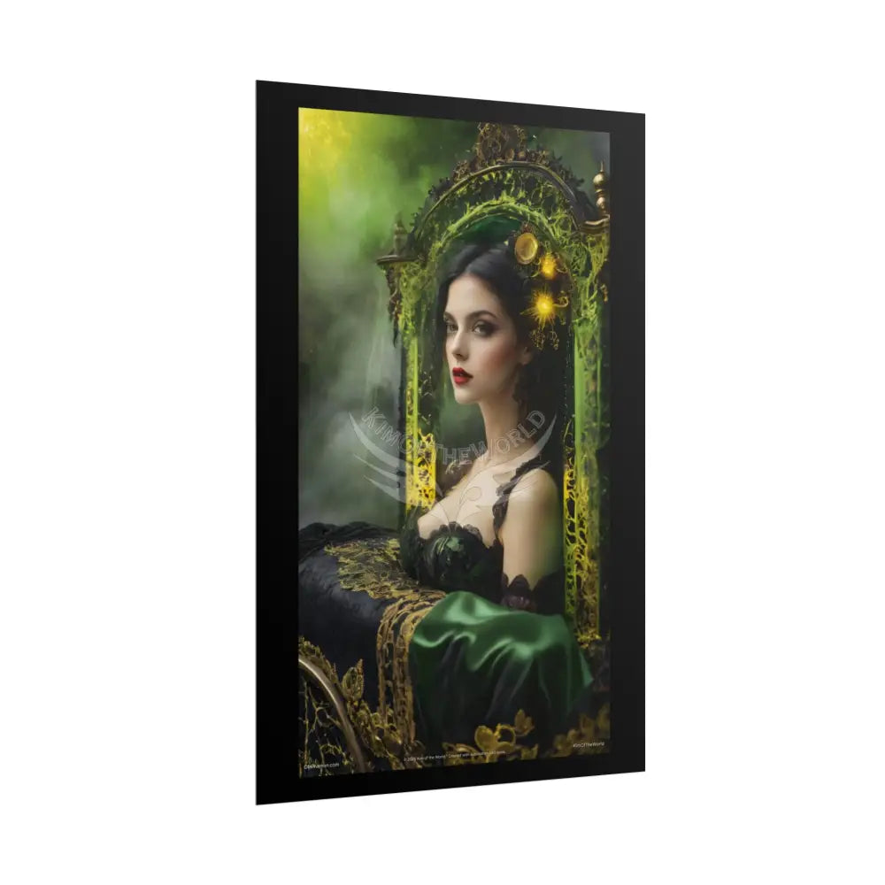 Steampunk 3D Green and Gold Foil Leaf Woman Lady Poster — Nature-Inspired Rolled Framable Print green and gold motif