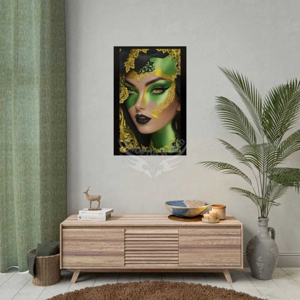 Steampunk 3D Green and Gold Foil Leaf Woman Lady Poster — Nature-Inspired Rolled Framable Print green and gold motif