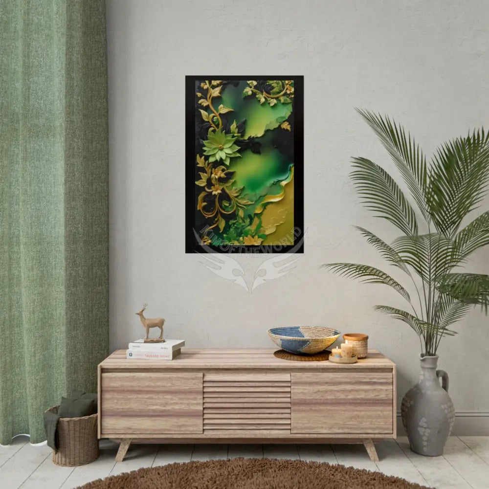 Steampunk 3D Green and Gold Foil Leaf Woman Lady Poster — Nature-Inspired Rolled Framable Print green and gold motif