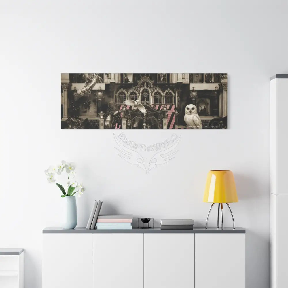 Steampunk Open-Air Mall Art Print — Matte Stretched Canvas with White Owl & Pink Satin Streets Canvas