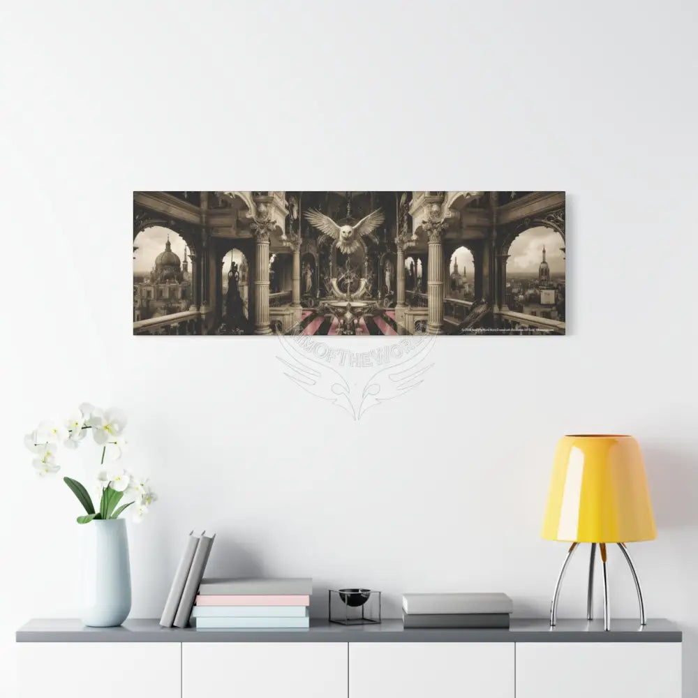 Steampunk Open-Air Mall Art Print — Matte Stretched Canvas with White Owl & Pink Satin Streets Canvas