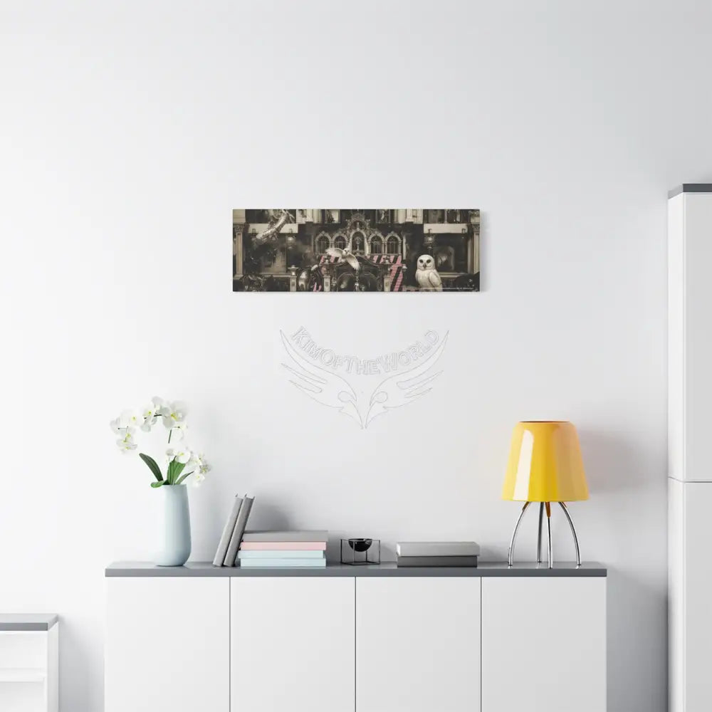 Steampunk Open-Air Mall Art Print — Matte Stretched Canvas with White Owl & Pink Satin Streets Canvas