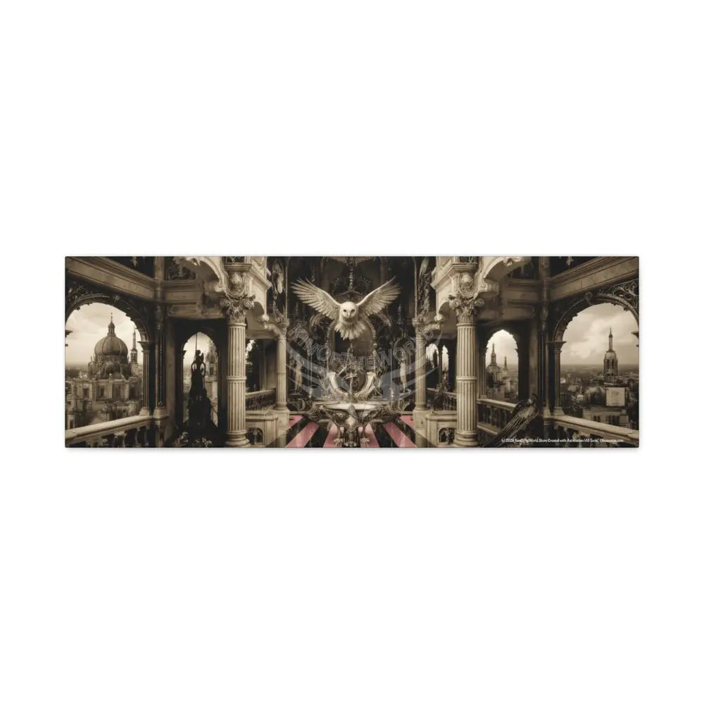 Steampunk Open-Air Mall Art Print — Matte Stretched Canvas with White Owl & Pink Satin Streets 36’’ x 12’’ (Horizontal)