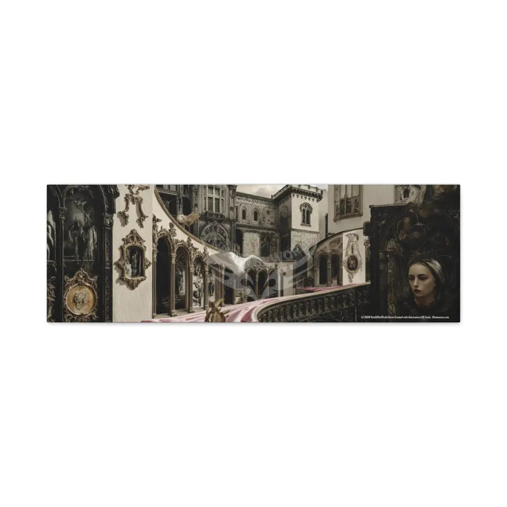 Steampunk Open-Air Mall Art Print — Matte Stretched Canvas with White Owl & Pink Satin Streets 36’’ x 12’’ (Horizontal)