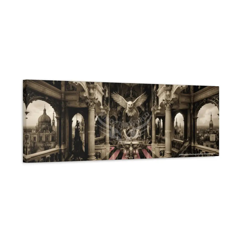 Steampunk Open-Air Mall Art Print — Matte Stretched Canvas with White Owl & Pink Satin Streets Canvas