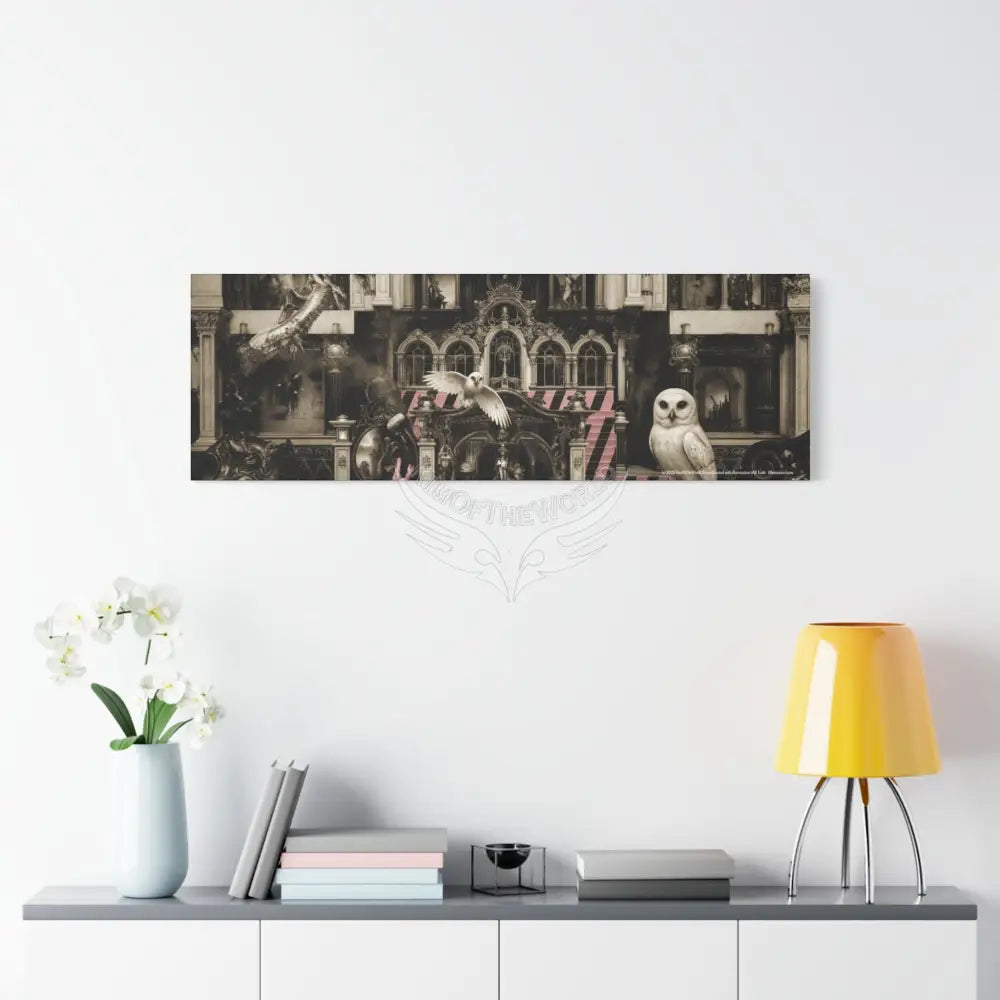 Steampunk Open-Air Mall Art Print — Matte Stretched Canvas with White Owl & Pink Satin Streets Canvas