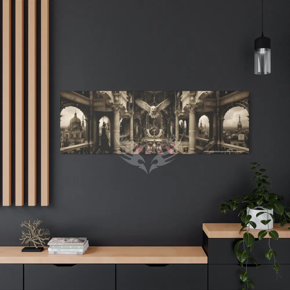 Steampunk Open-Air Mall Art Print — Matte Stretched Canvas with White Owl & Pink Satin Streets Canvas