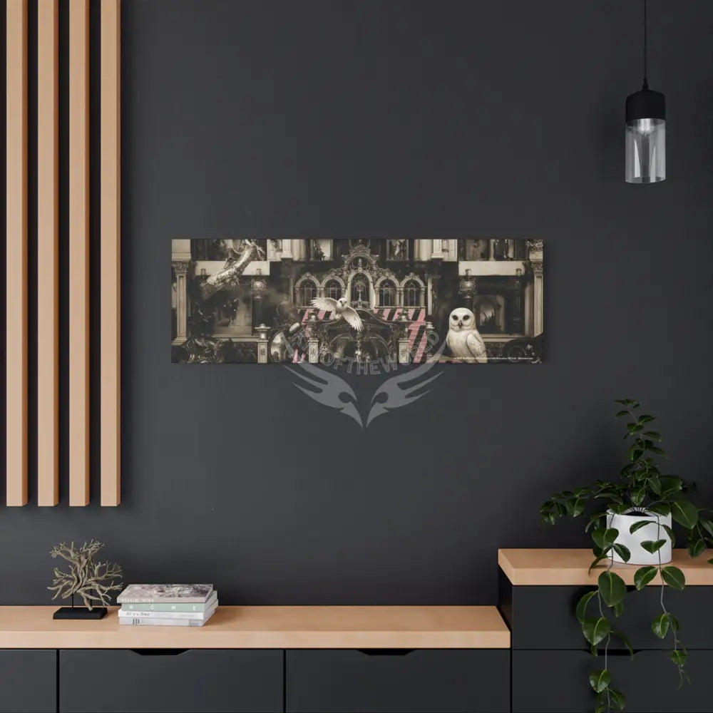 Steampunk Open-Air Mall Art Print — Matte Stretched Canvas with White Owl & Pink Satin Streets Canvas