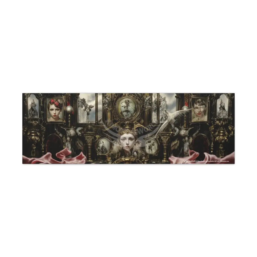 Steampunk Open-Air Mall Art Print — Matte Stretched Canvas with White Owl & Pink Satin Streets 48’’ x 16’’ (Horizontal)