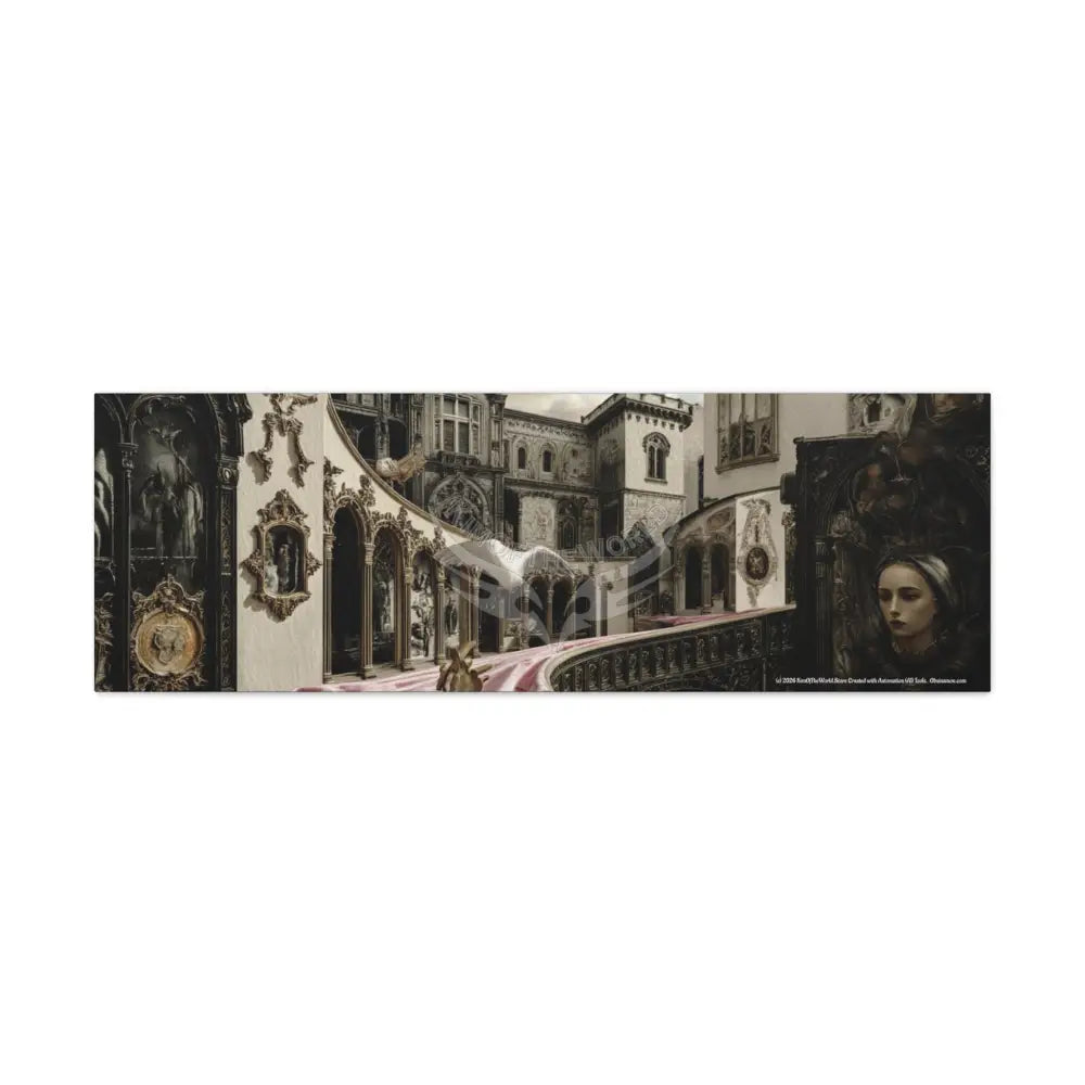 Steampunk Open-Air Mall Art Print — Matte Stretched Canvas with White Owl & Pink Satin Streets 48’’ x 16’’ (Horizontal)
