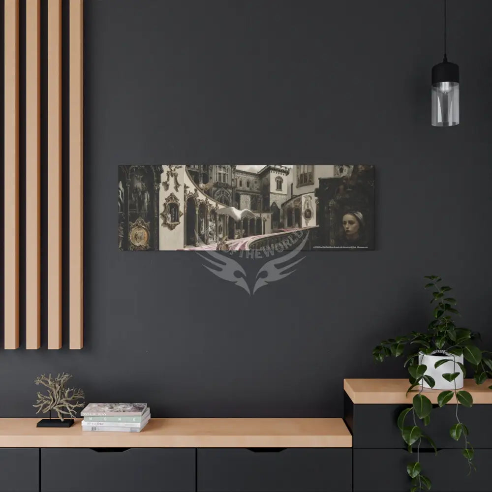 Steampunk Open-Air Mall Art Print — Matte Stretched Canvas with White Owl & Pink Satin Streets Canvas