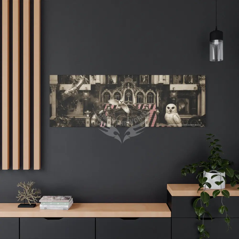 Steampunk Open-Air Mall Art Print — Matte Stretched Canvas with White Owl & Pink Satin Streets Canvas