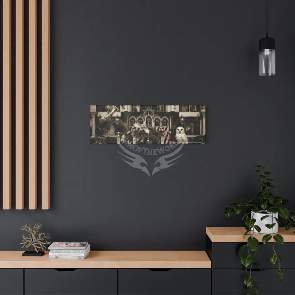 Steampunk Open-Air Mall Art Print — Matte Stretched Canvas with White Owl & Pink Satin Streets Canvas
