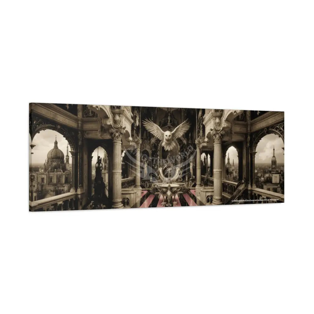 Steampunk Open-Air Mall Art Print — Matte Stretched Canvas with White Owl & Pink Satin Streets Canvas