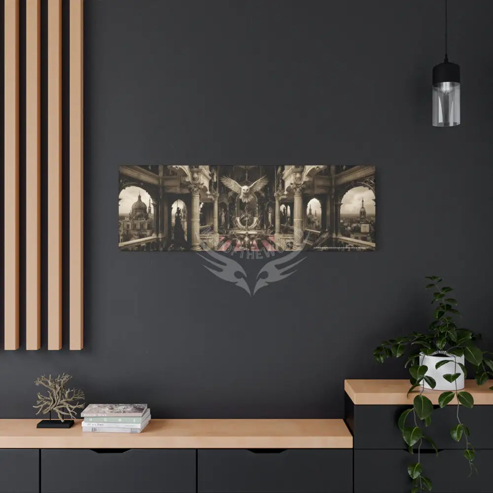 Steampunk Open-Air Mall Art Print — Matte Stretched Canvas with White Owl & Pink Satin Streets Canvas