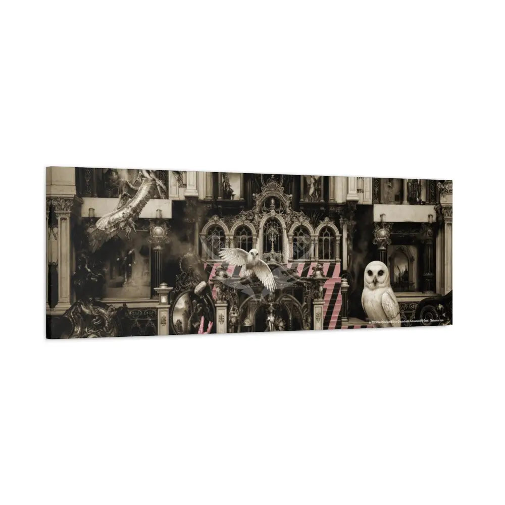 Steampunk Open-Air Mall Art Print — Matte Stretched Canvas with White Owl & Pink Satin Streets Canvas