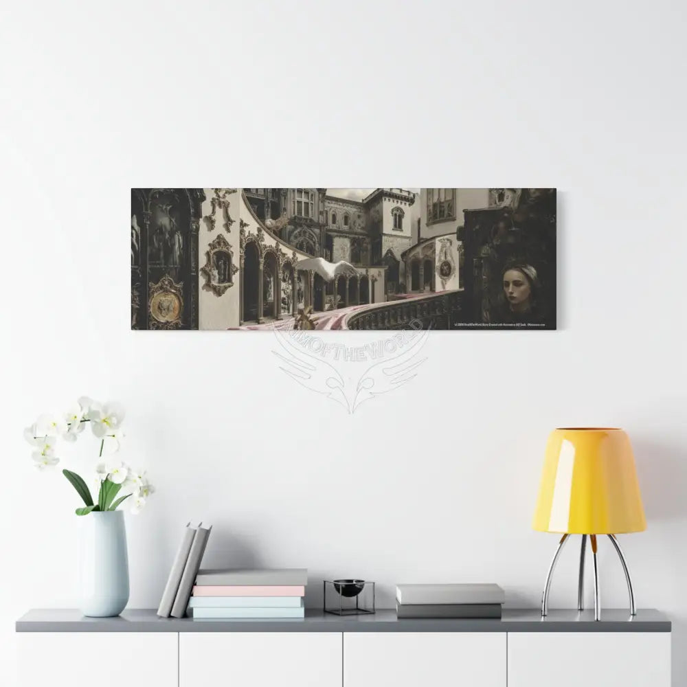 Steampunk Open-Air Mall Art Print — Matte Stretched Canvas with White Owl & Pink Satin Streets Canvas