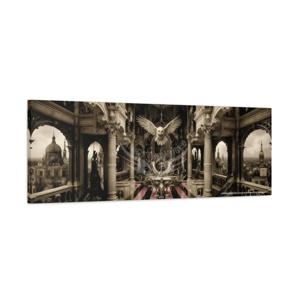 Steampunk Open-Air Mall Art Print — Matte Stretched Canvas with White Owl & Pink Satin Streets Canvas