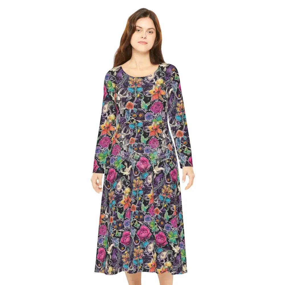 Sticker Floral Patch Print Wallpaper Print Dress – Women’s Long Sleeve AOP L All Over Prints