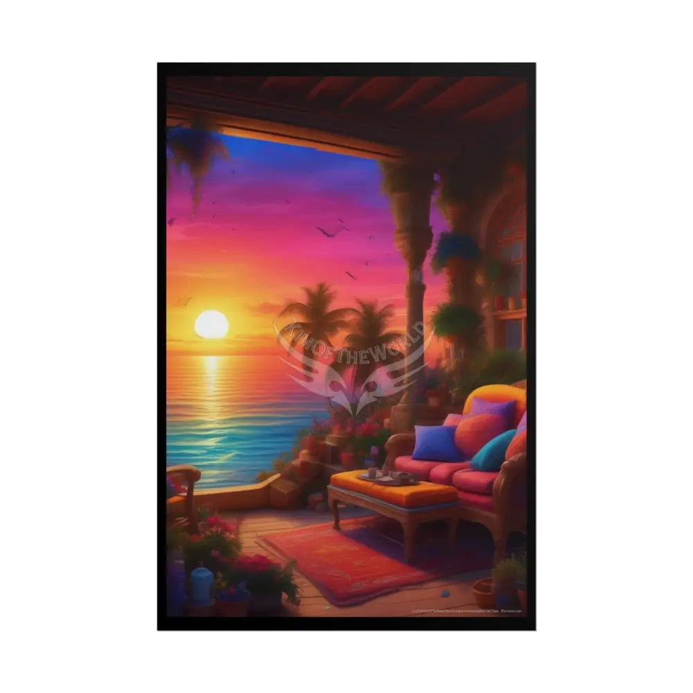 Sunset Beach Cabanas Poster — Cocktail Beach Print 24’’ x 36’’ (Vertical) / Matte Poster