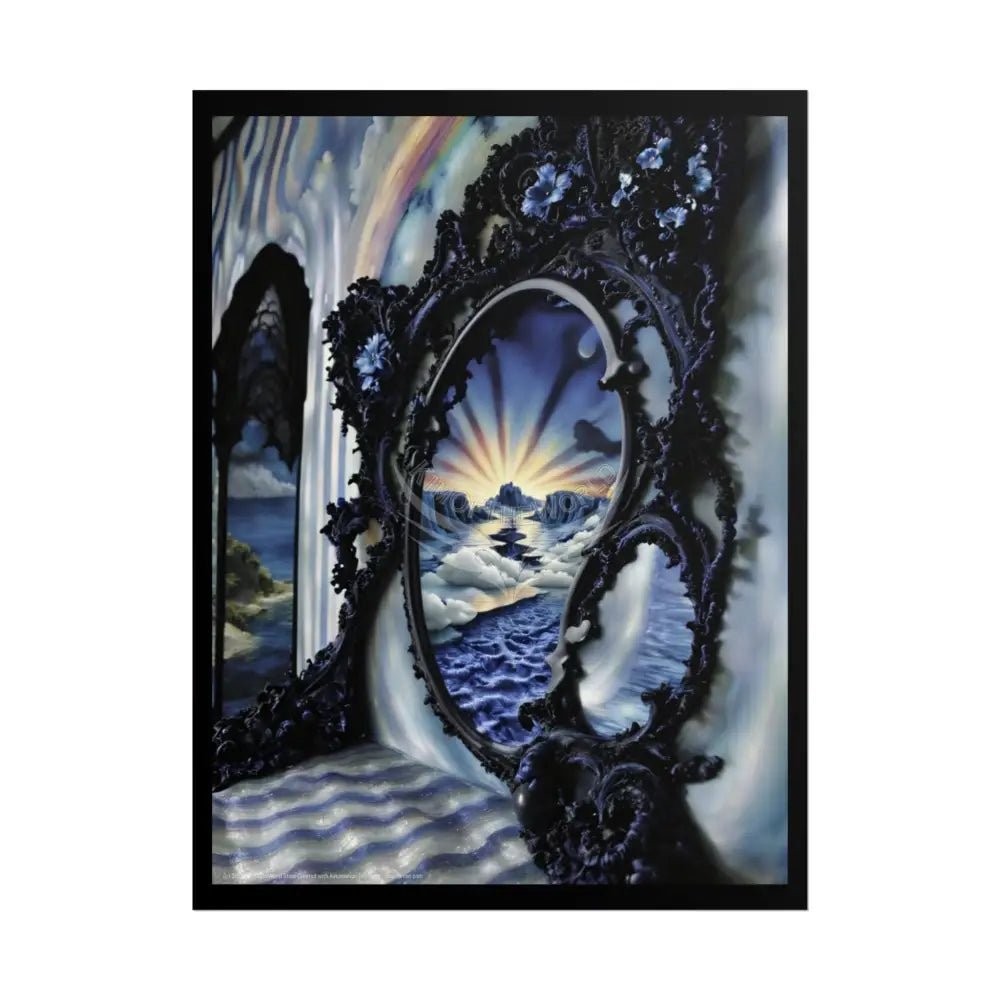 Surreal 3D Elemental Ribbon Portal Poster — Funky Balconies & Doors to Other Dimensions - Blue 18″ x 24″ (Vertical)